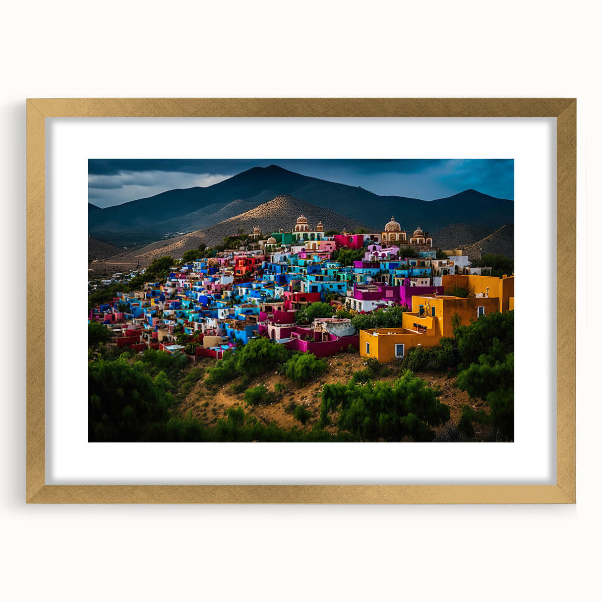 Extra large abstract art print depicting a textured scenery of Oaxaca, in muted earth tones, framed in gold.