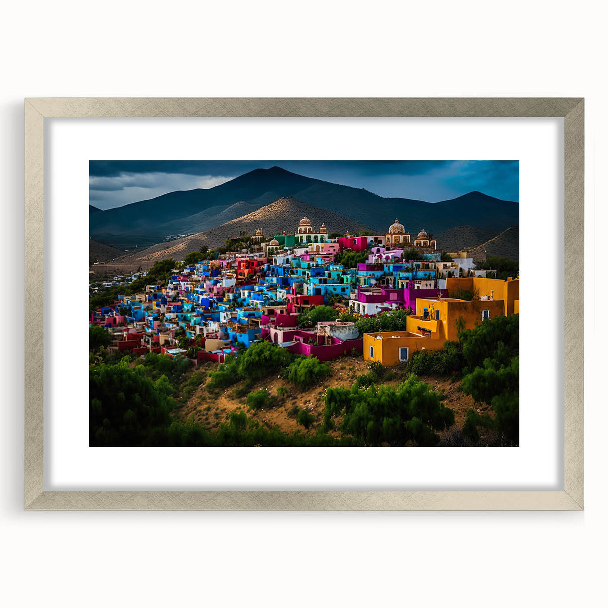 Textured art print of abstract Oaxaca scenery in muted earth tones, framed in silver, ideal for bedroom art.