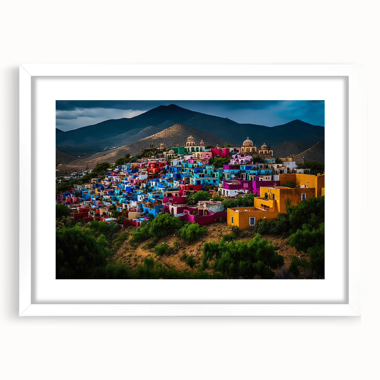 Abstract art print of Oaxaca scenery in muted earth tones on a framed white mat, suitable for bedroom or dining room decor.