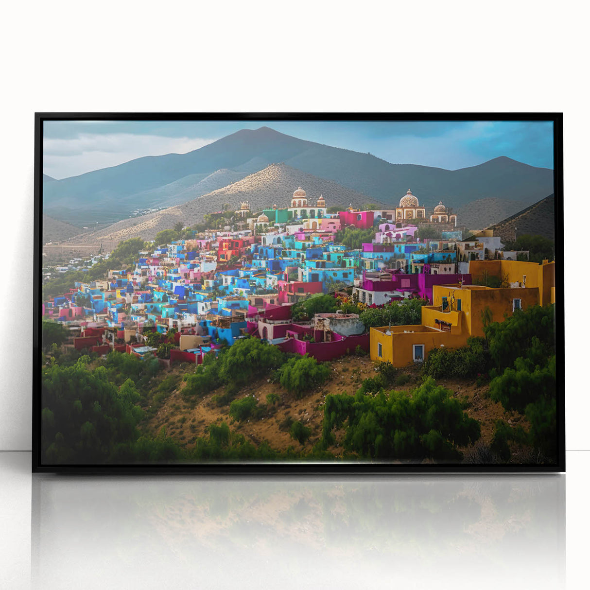 Large abstract wall art depicting a vibrant Oaxaca scenery in mid-century modernist style, framed in black acrylic.