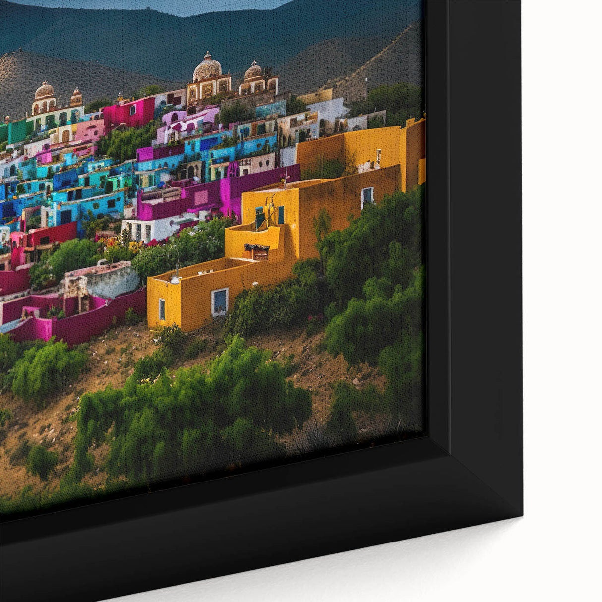 Extra large framed canvas of a textured black wall art scene depicting the vibrant, colorful streets of Oaxaca.