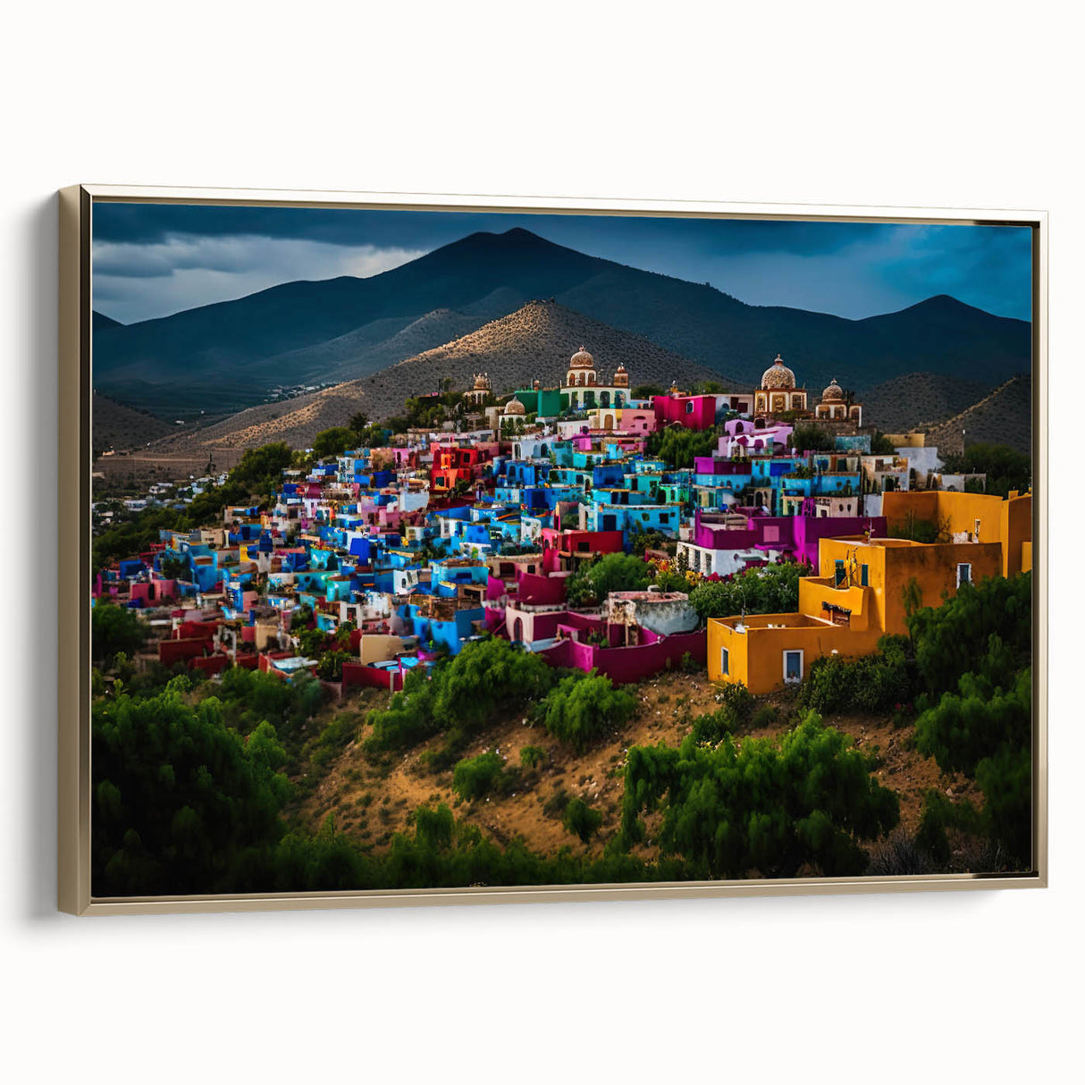Framed canvas wall art featuring a vintage-style landscape painting of Oaxaca, Mexico, in muted gold and black tones.