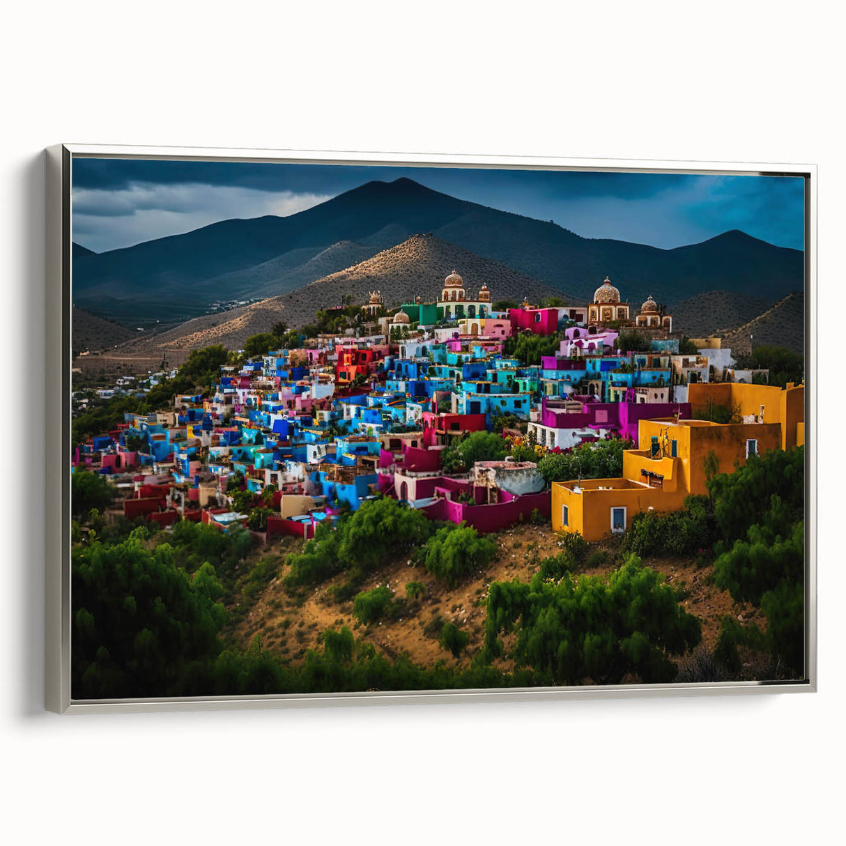 Landscape art painting of Oaxaca, Mexico on framed canvas, featuring vibrant colors with a vintage poster style.