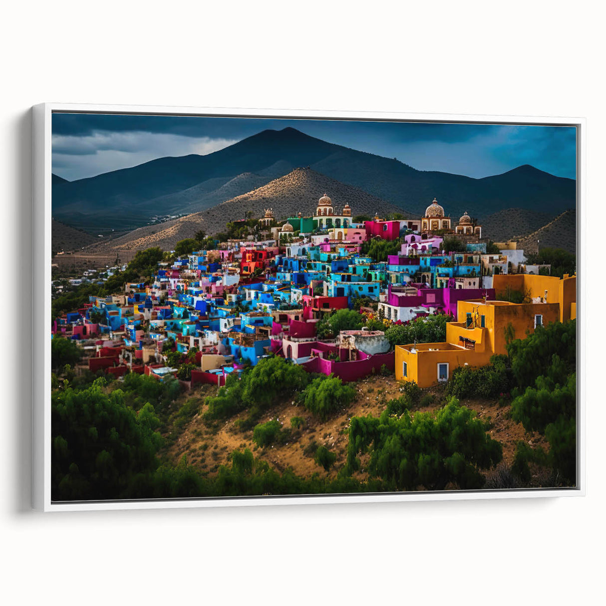 Vintage poster art of Oaxaca, Mexico scenery in vibrant colors on a large framed canvas, suitable for living room decor.