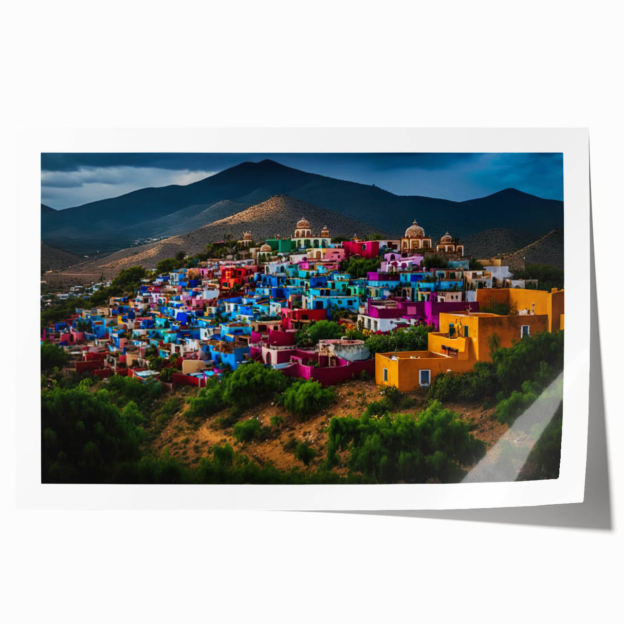 Extra large rolled print of Oaxaca scenery with vibrant floral elements, ideal for dining room wall art.