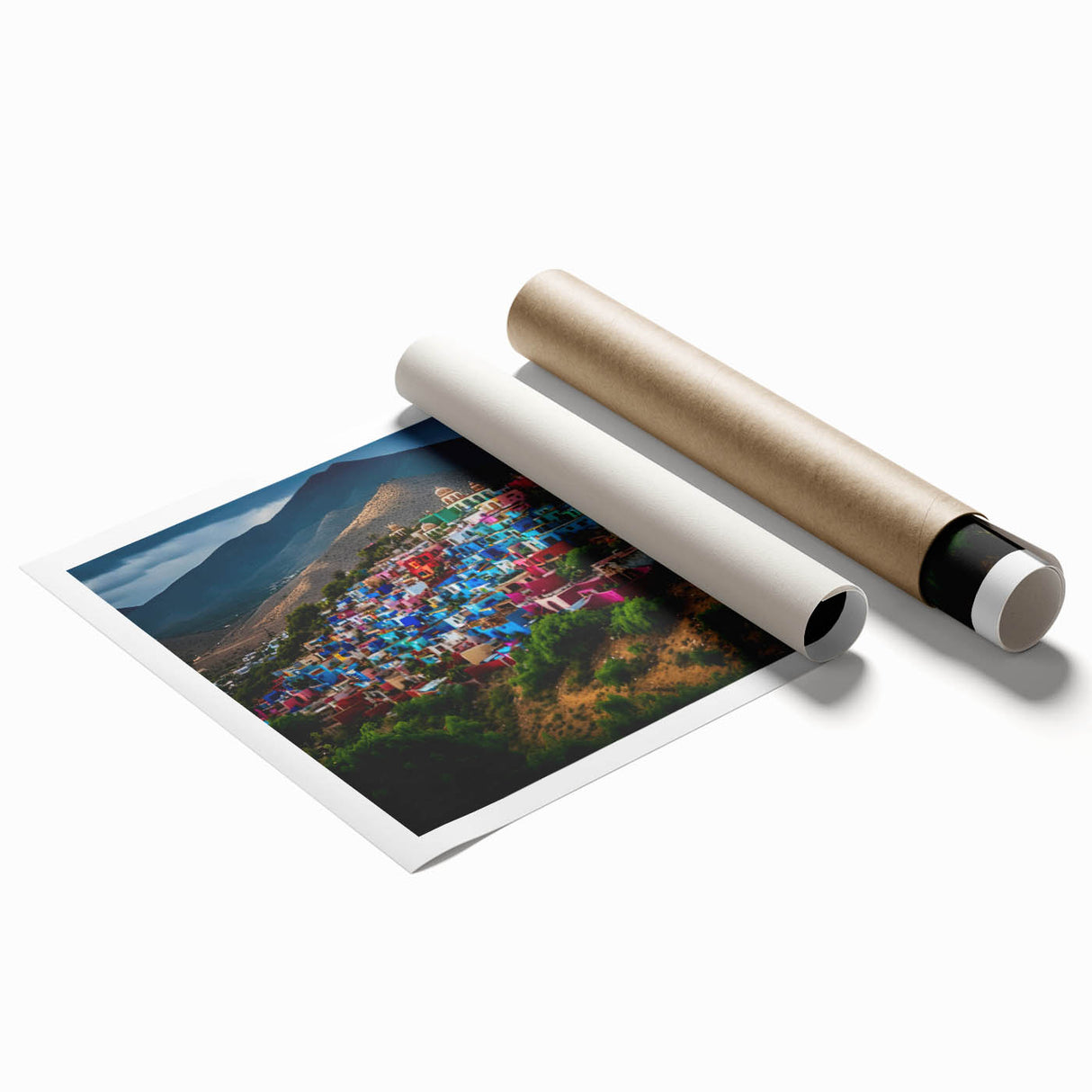 Extra large rolled print of Oaxaca scenery with vibrant floral elements, suited for classy bathroom or large living room.
