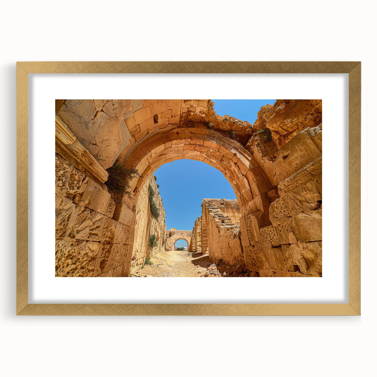Textured abstract art print of Ethiopian scenery in gold frame, ideal for bedroom art.