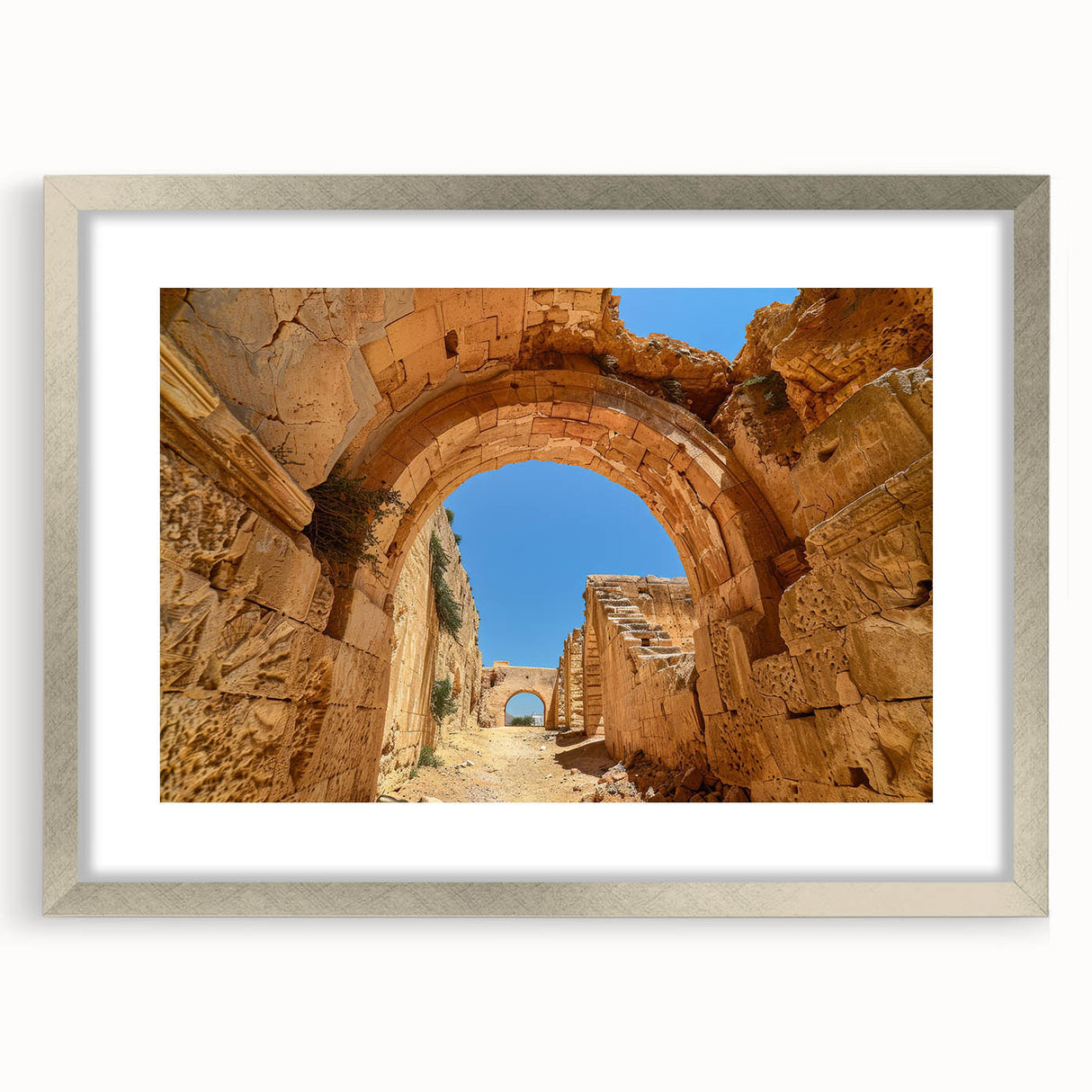 Abstract art print of an Ethiopian landscape in muted earth tones on a framed silver mat.