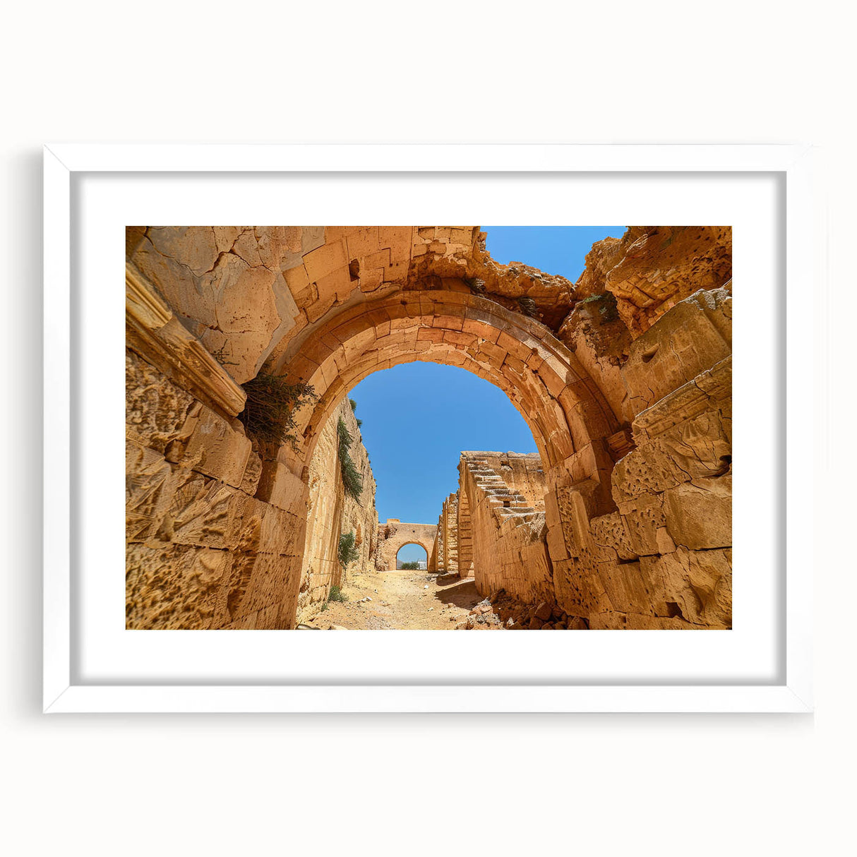 Extra large abstract art print depicting an Ethiopian landscape in textured earth tones on a white framed canvas.