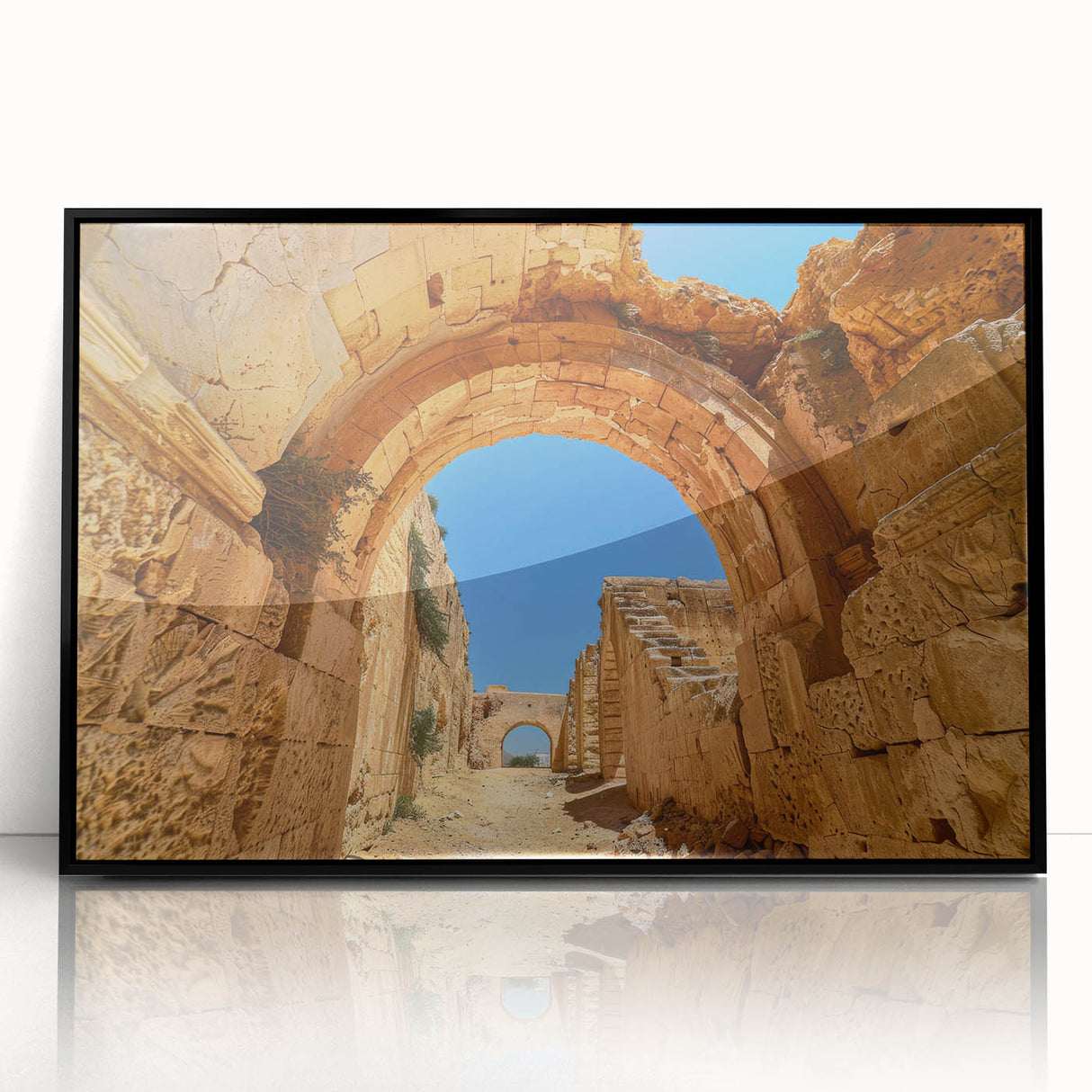 Large abstract wall art depicting an Ethiopian landscape in muted earth tones, framed in black acrylic.