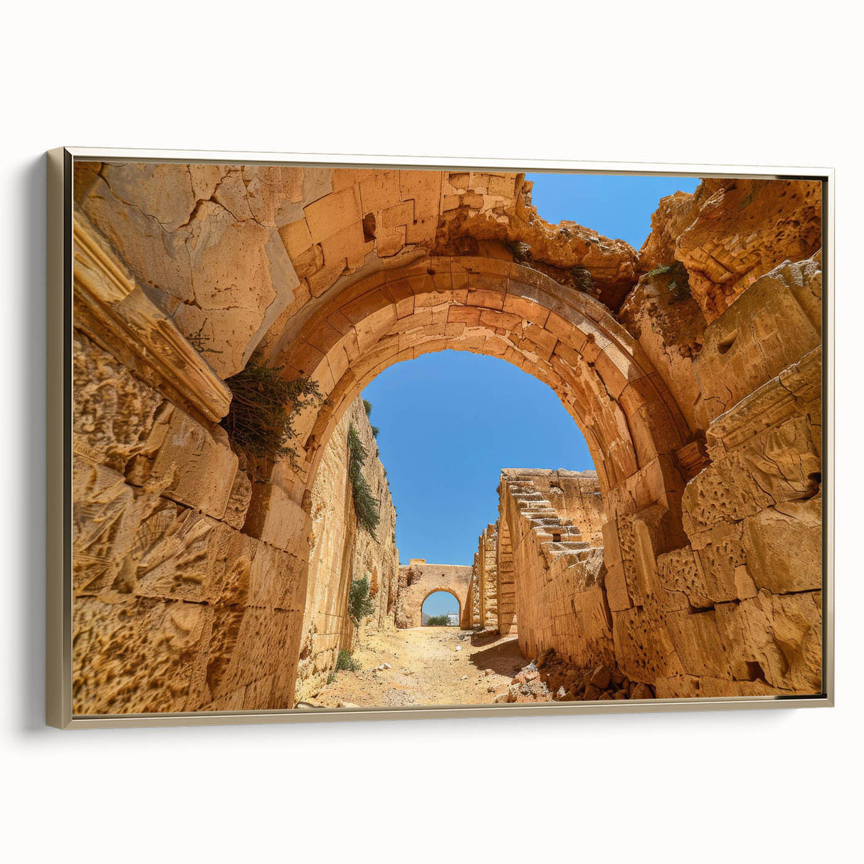 Framed canvas depicting a vibrant Ethiopian landscape in gold, black, and colorful accents.