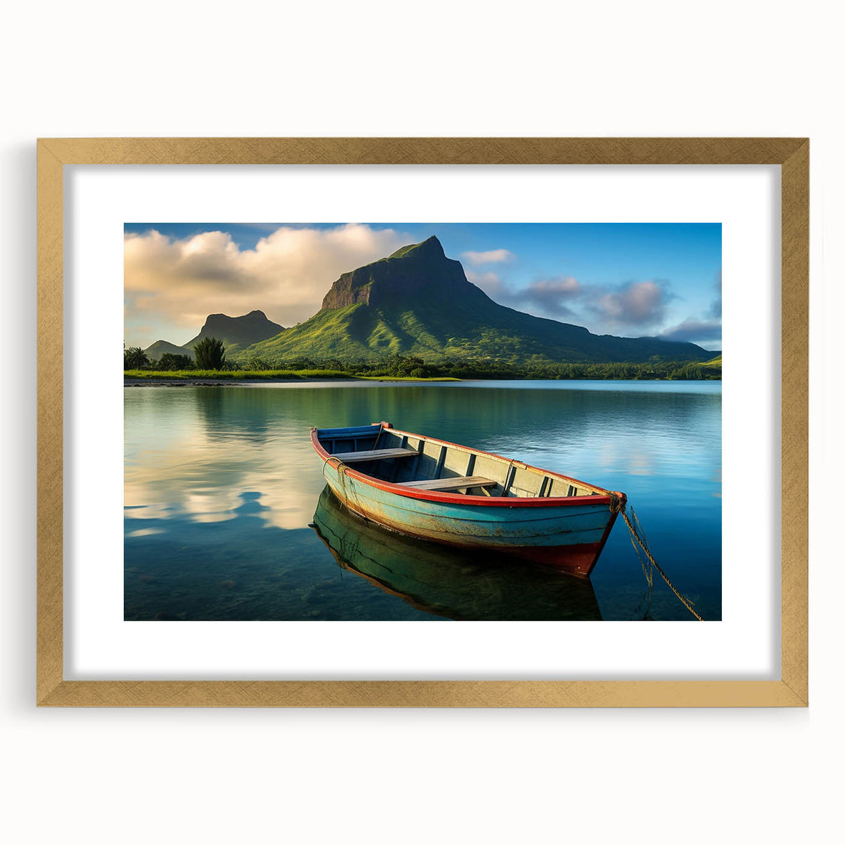 Textured abstract art print depicting a serene Mauritius landscape in muted earth tones, framed in gold.