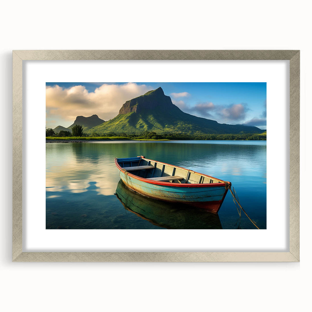 Abstract art print of a Mauritian landscape in muted earth tones on a framed silver canvas, suitable for dining room decor.