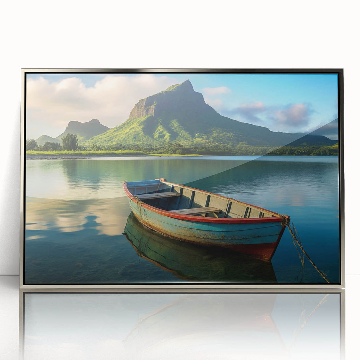 Art deco poster of Mauritius scenery in silver framed acrylic, featuring muted blue and green tones.