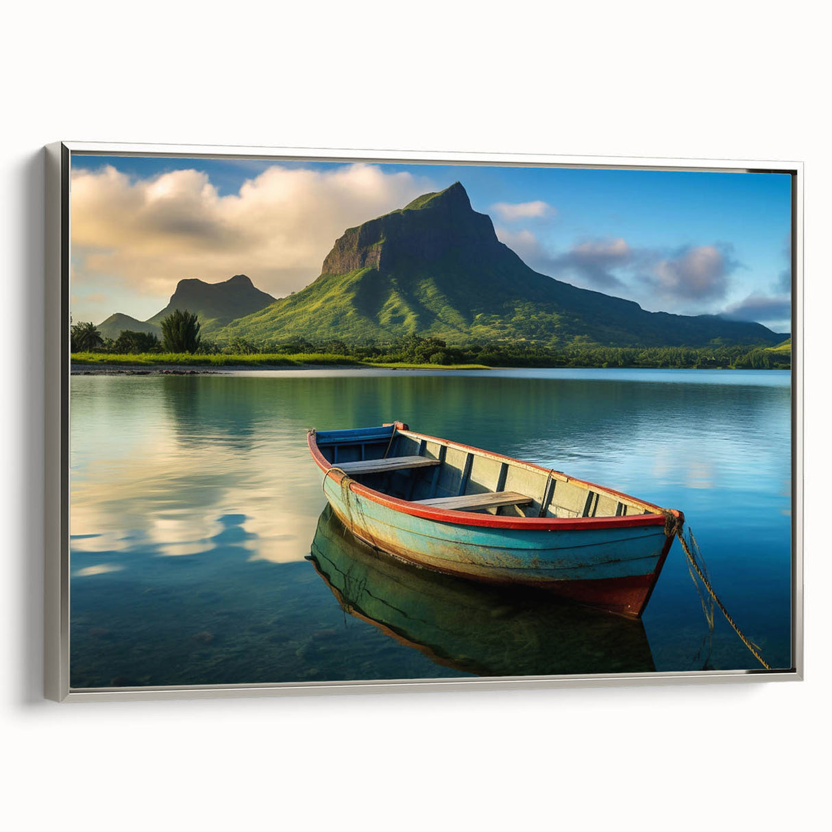 Vintage poster art of a Mauritius scenery in vibrant colors on a large framed canvas, ideal for living room decor.