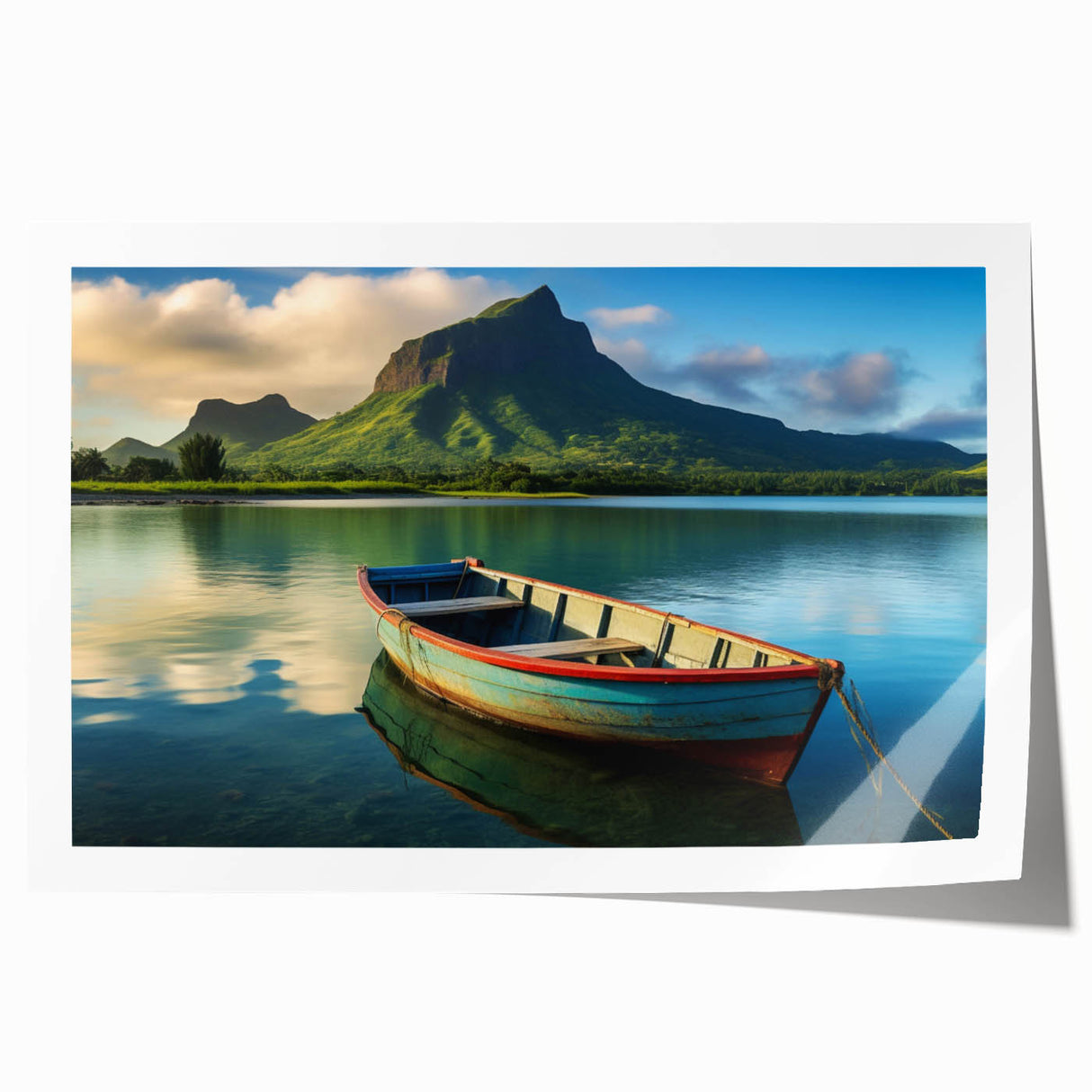 Extra large rolled print of a Mauritian landscape with vibrant green foliage and a clear blue sky.