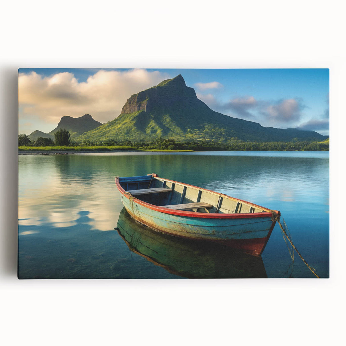 Black and white photo of Mauritius landscape on large stretched canvas, suitable for kitchen wall art.
