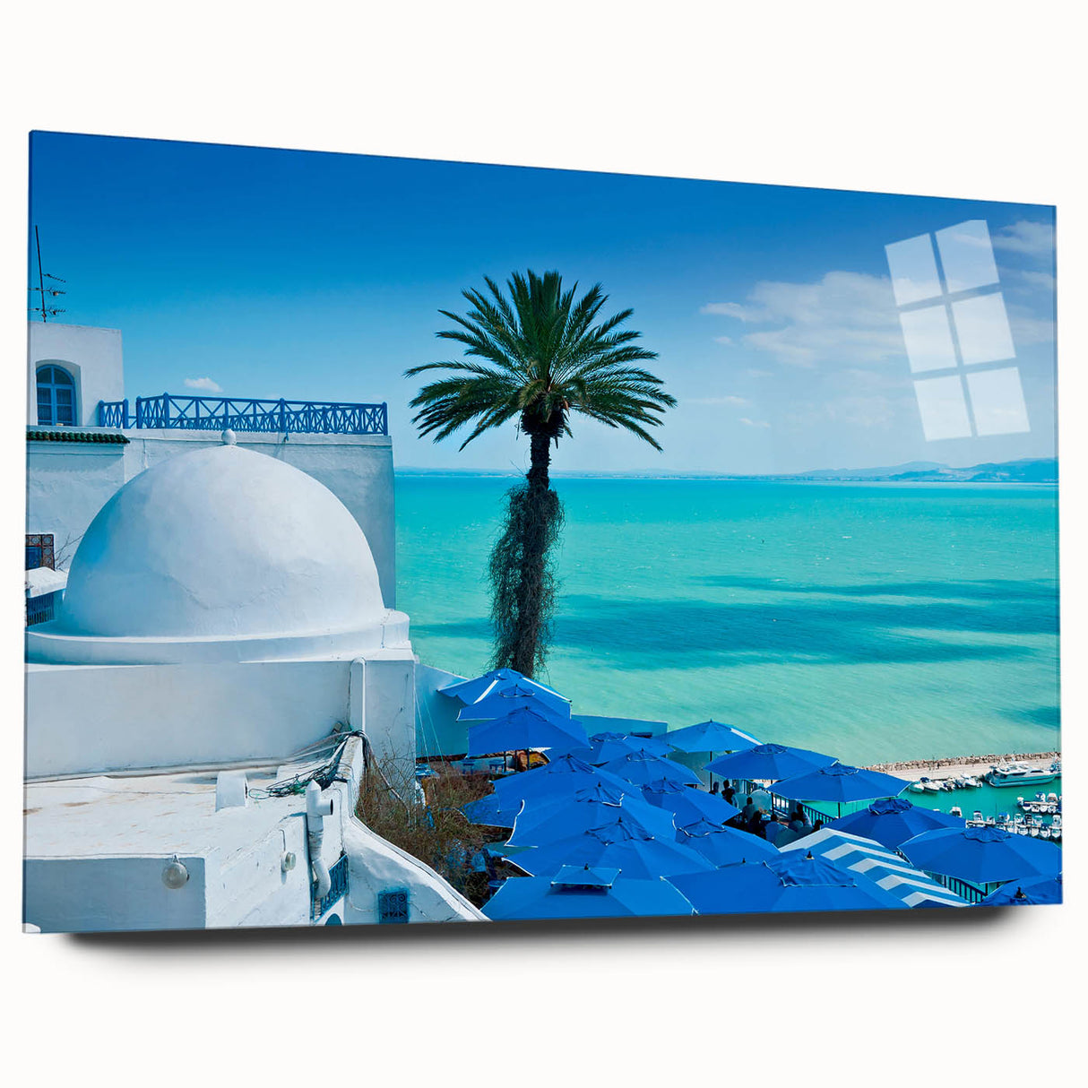 Large abstract wall art depicting a Tunisian landscape in muted earth tones on acrylic glass.