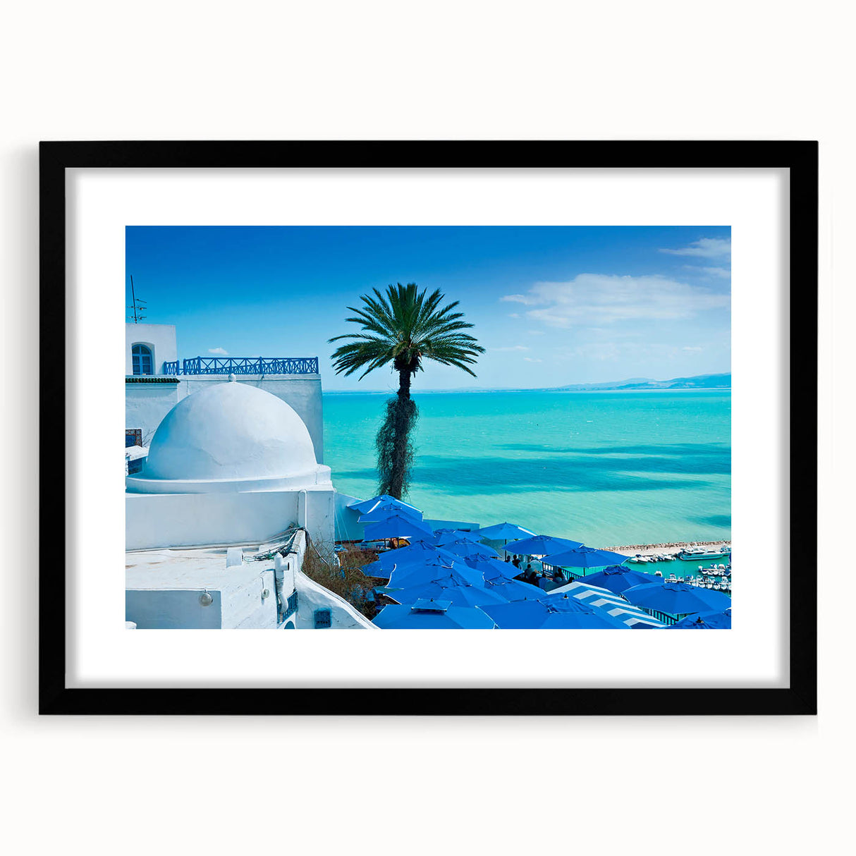 Abstract art print featuring a colorful, textured depiction of a Tunisian landscape on a large framed canvas.