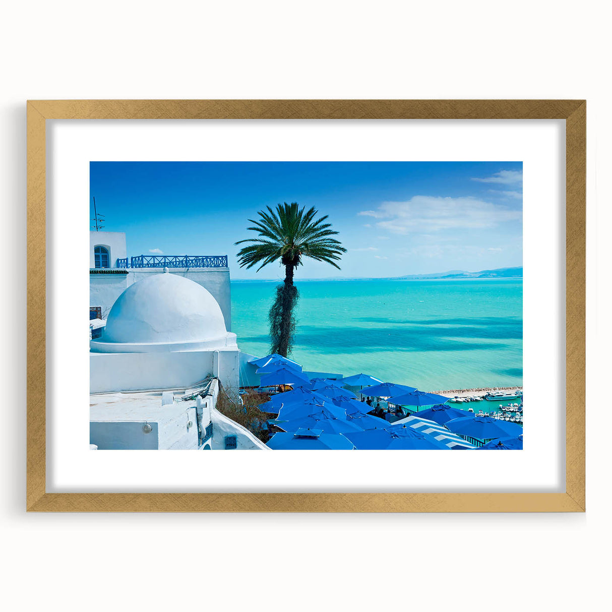 Abstract art print of a Tunisian landscape in gold frame, featuring earthy tones, ideal for dining room decor.