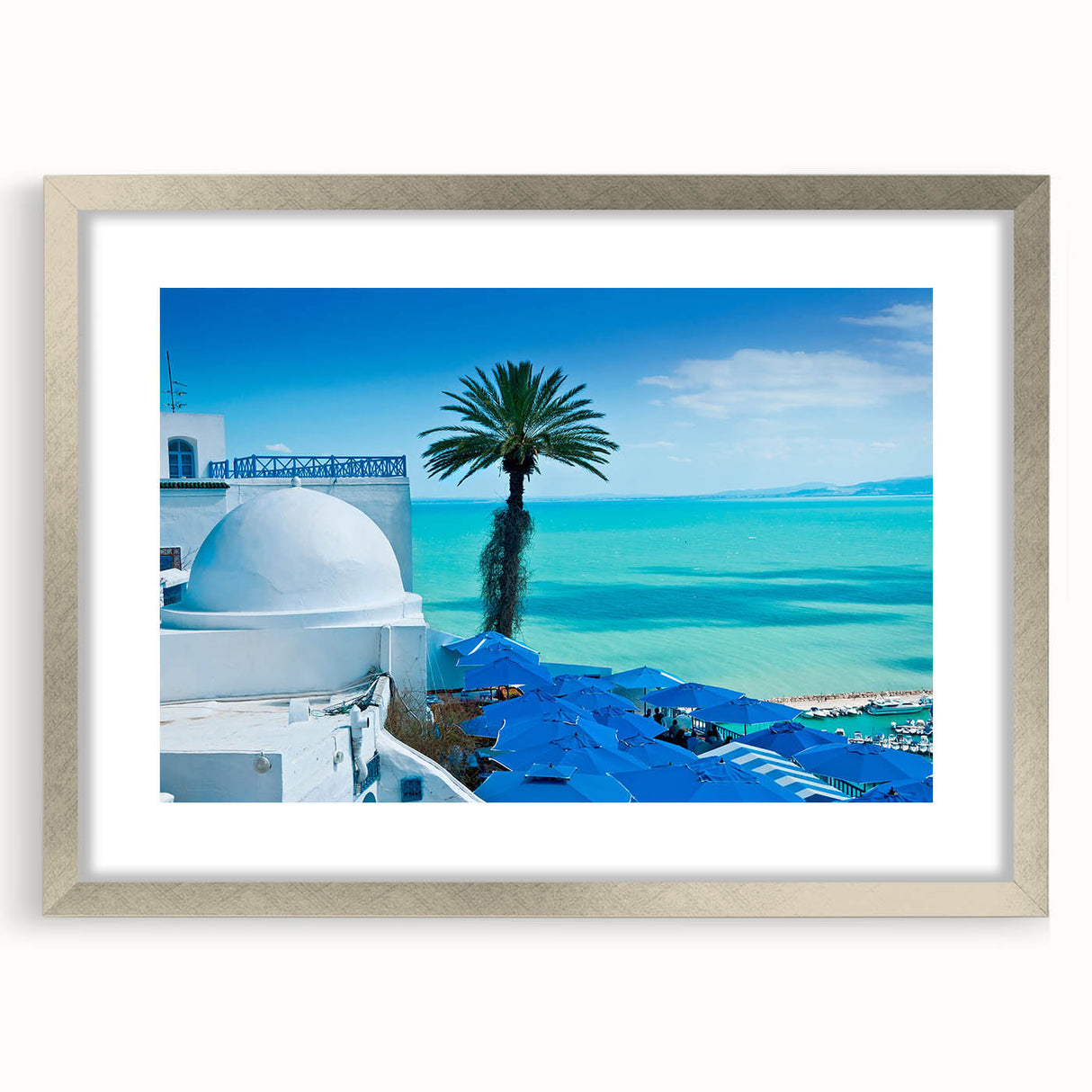 Extra large abstract art print depicting textured African scenery in earth tones, framed in silver.