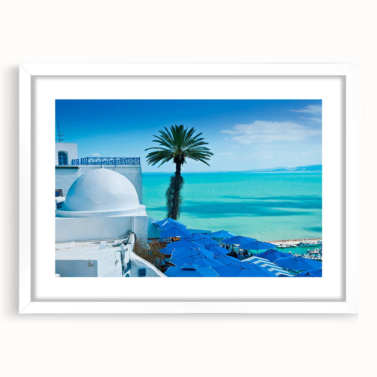 Textured art of abstract Tunisian landscape in earth tones on a white framed mat, ideal for bedroom wall decor.