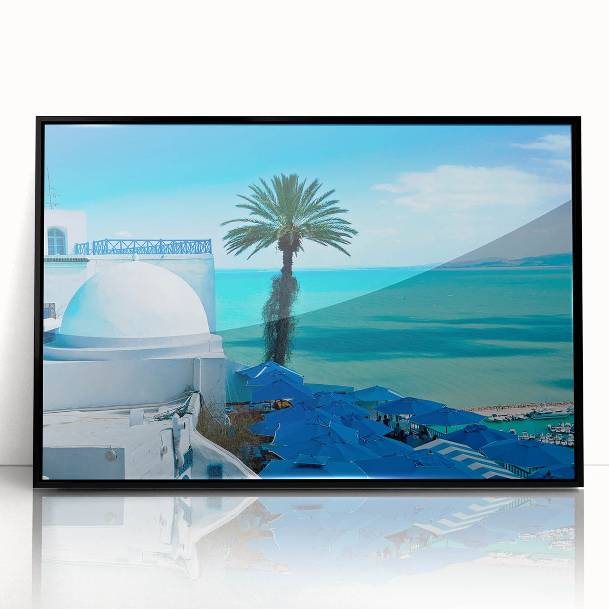 Large abstract wall art depicting a Tunisian landscape in muted earth tones on a framed acrylic.