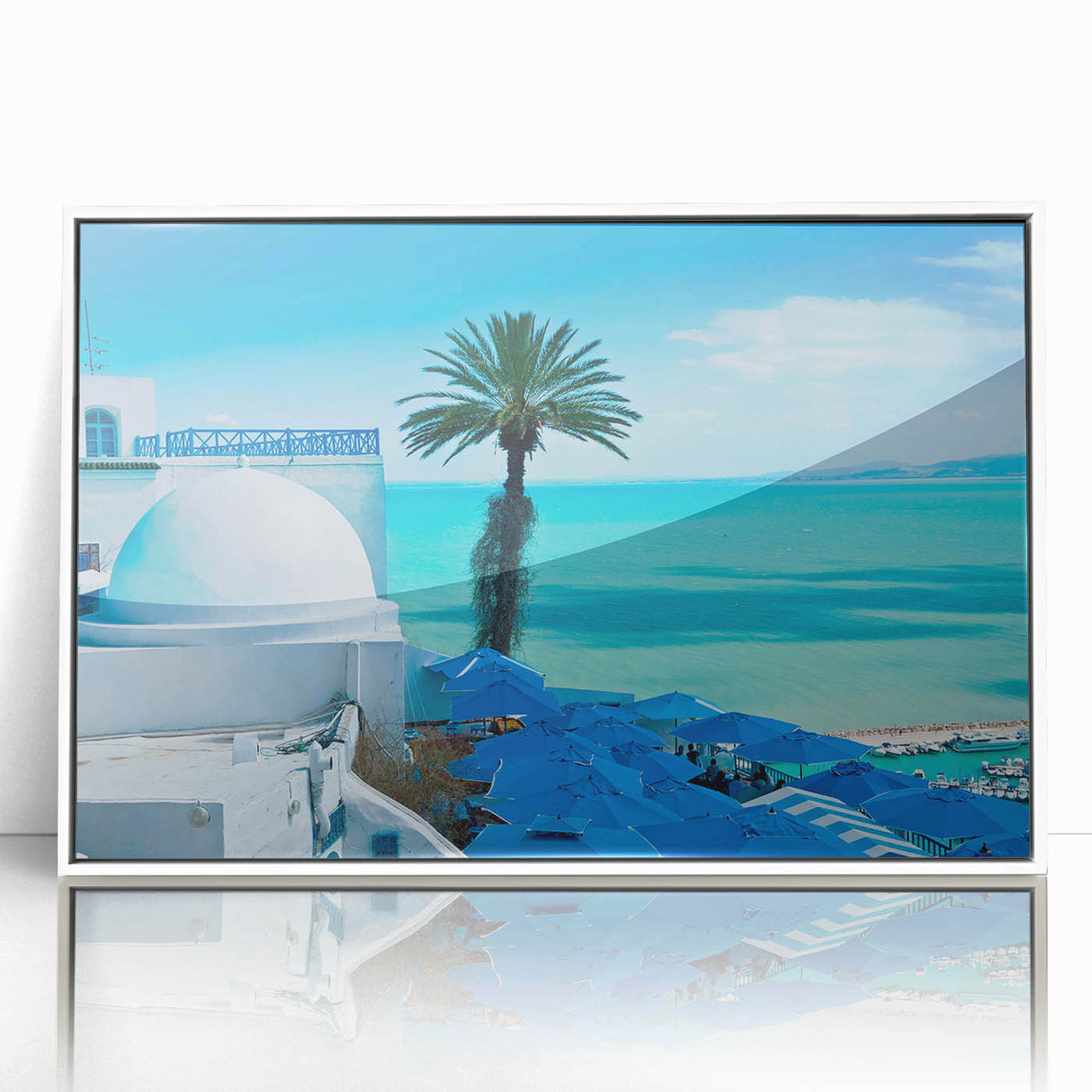 Acrylic print of a Tunisian landscape in art deco style, with muted earth tones, ideal for modern nursery wall decor.