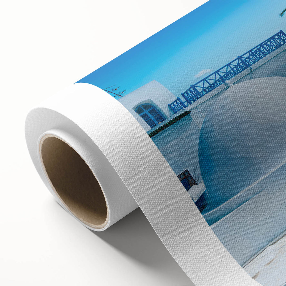 Art Deco-style poster of a Tunisian landscape on rolled canvas, in muted earth tones.