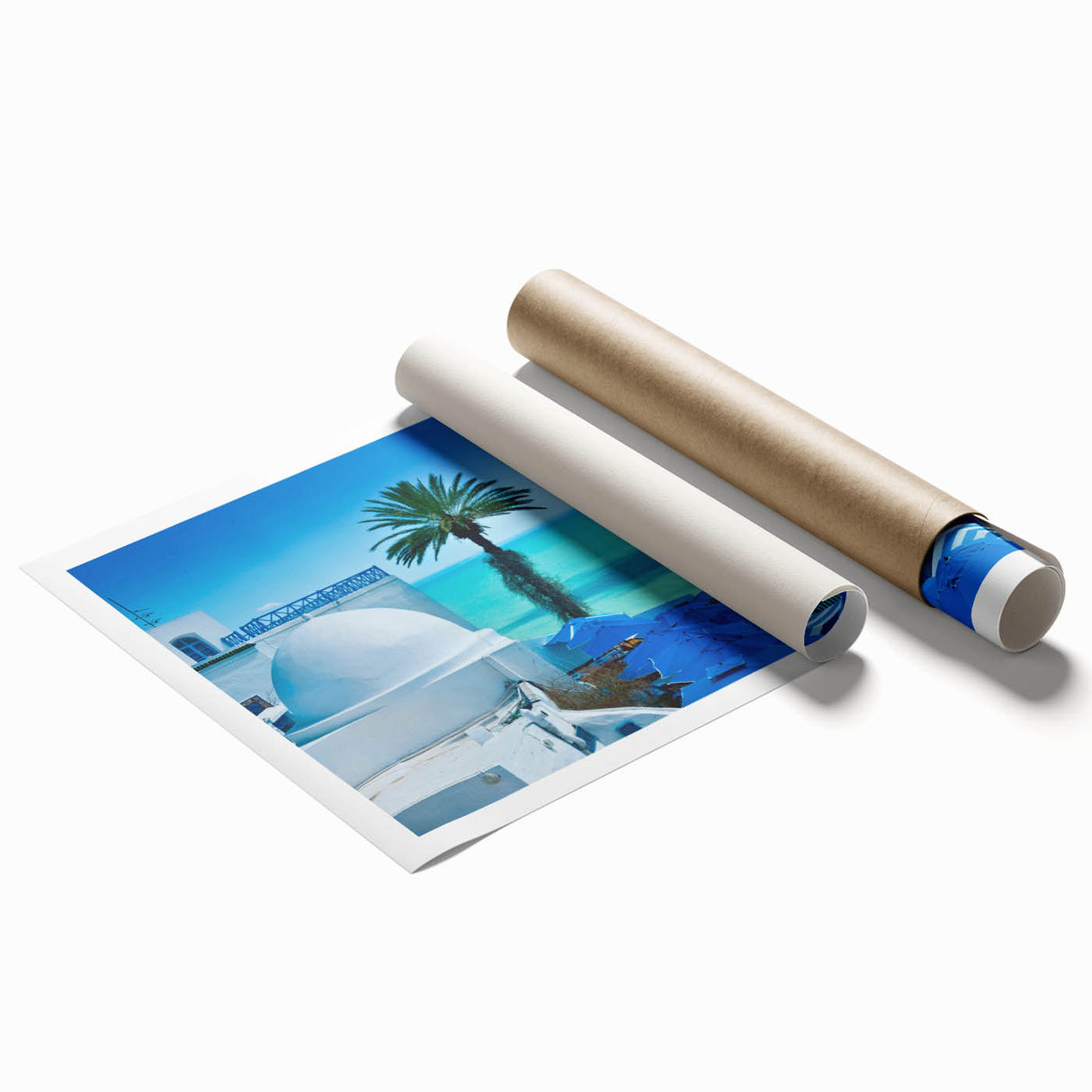 Extra large rolled print depicting Tunisian scenery in muted earth tones, ideal for classy bathroom wall art.