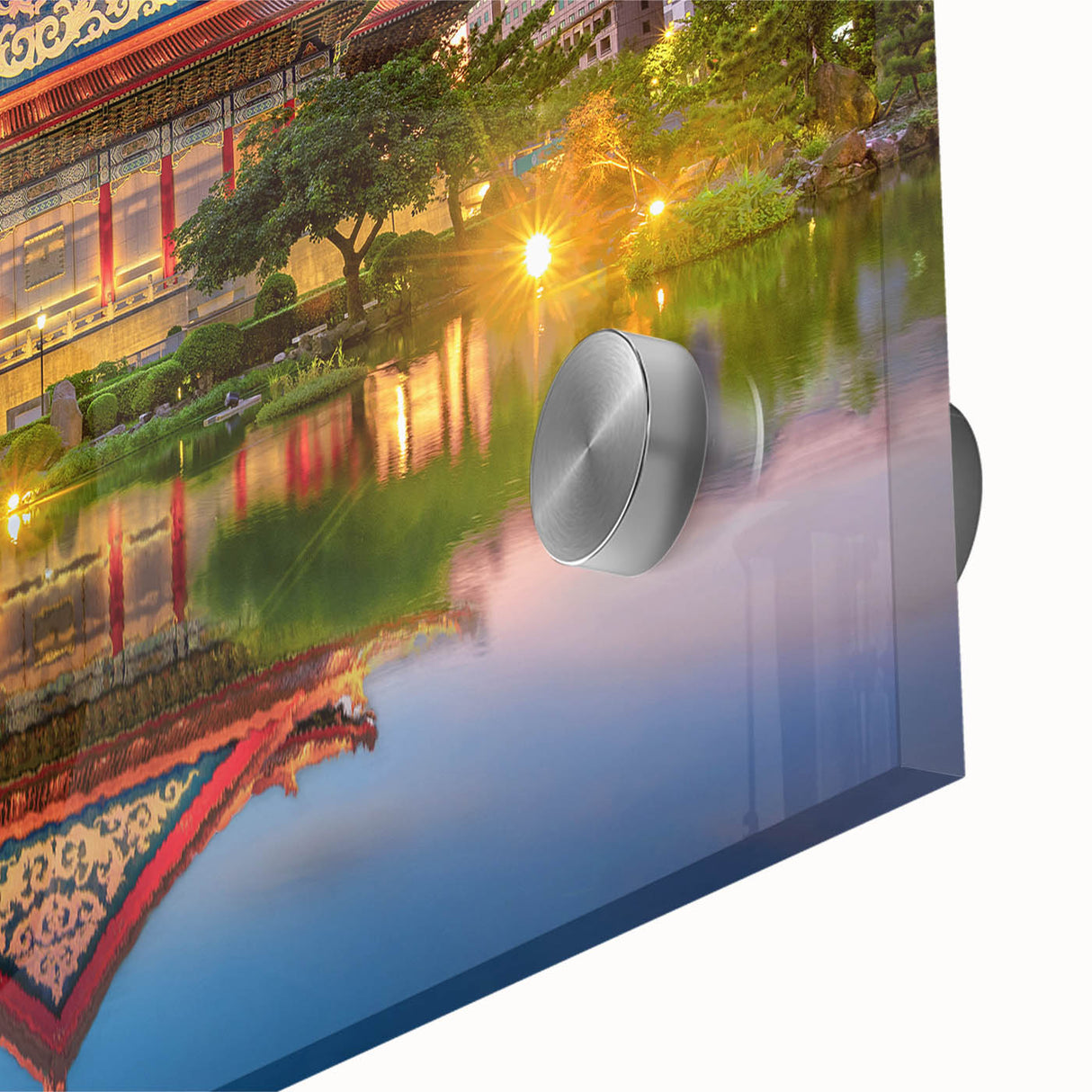 Large abstract wall art featuring a mid-century modernist design of Taiwan scenery in muted earth tones on acrylic glass.