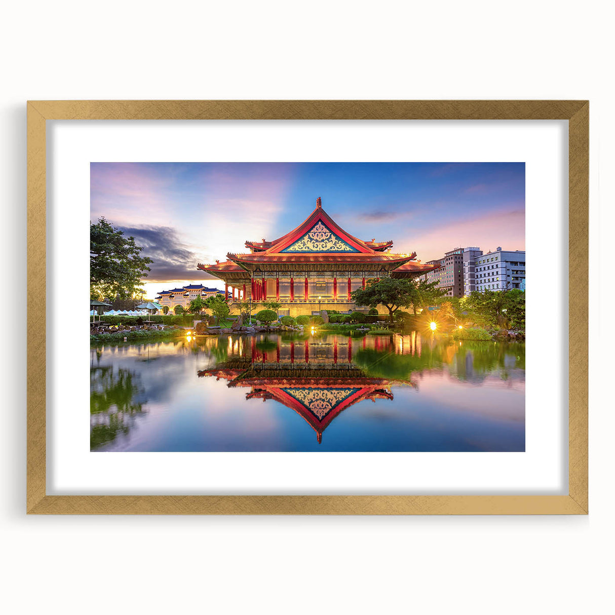 Extra large abstract art print featuring a textured scenery of Taiwan in muted earth tones, framed in gold.