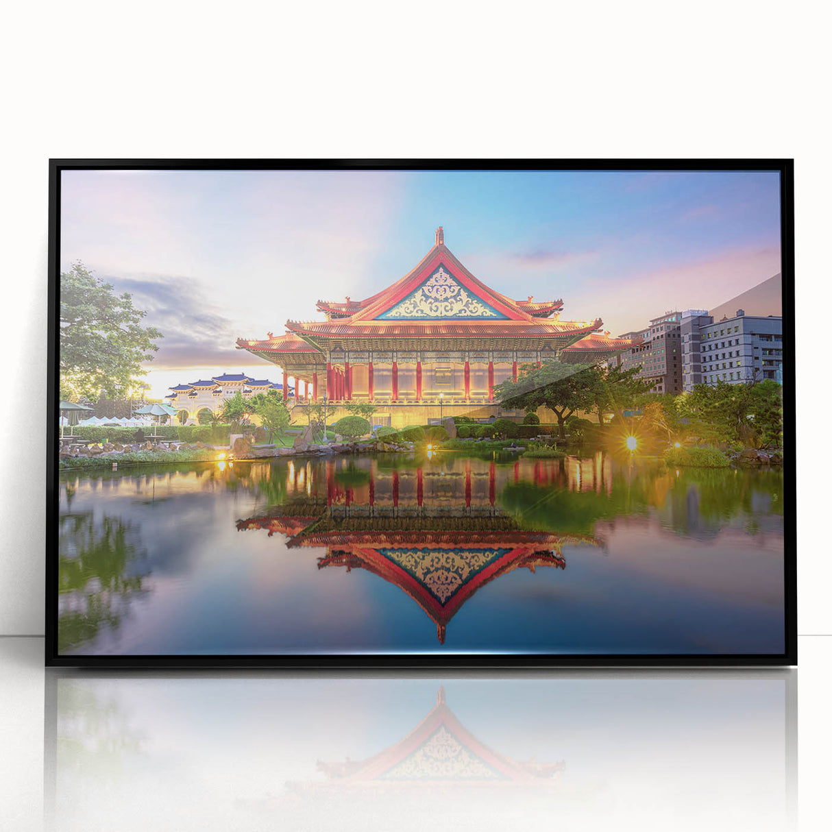 Large abstract wall art depicting a serene Taiwanese landscape in muted earth tones, framed in black acrylic.