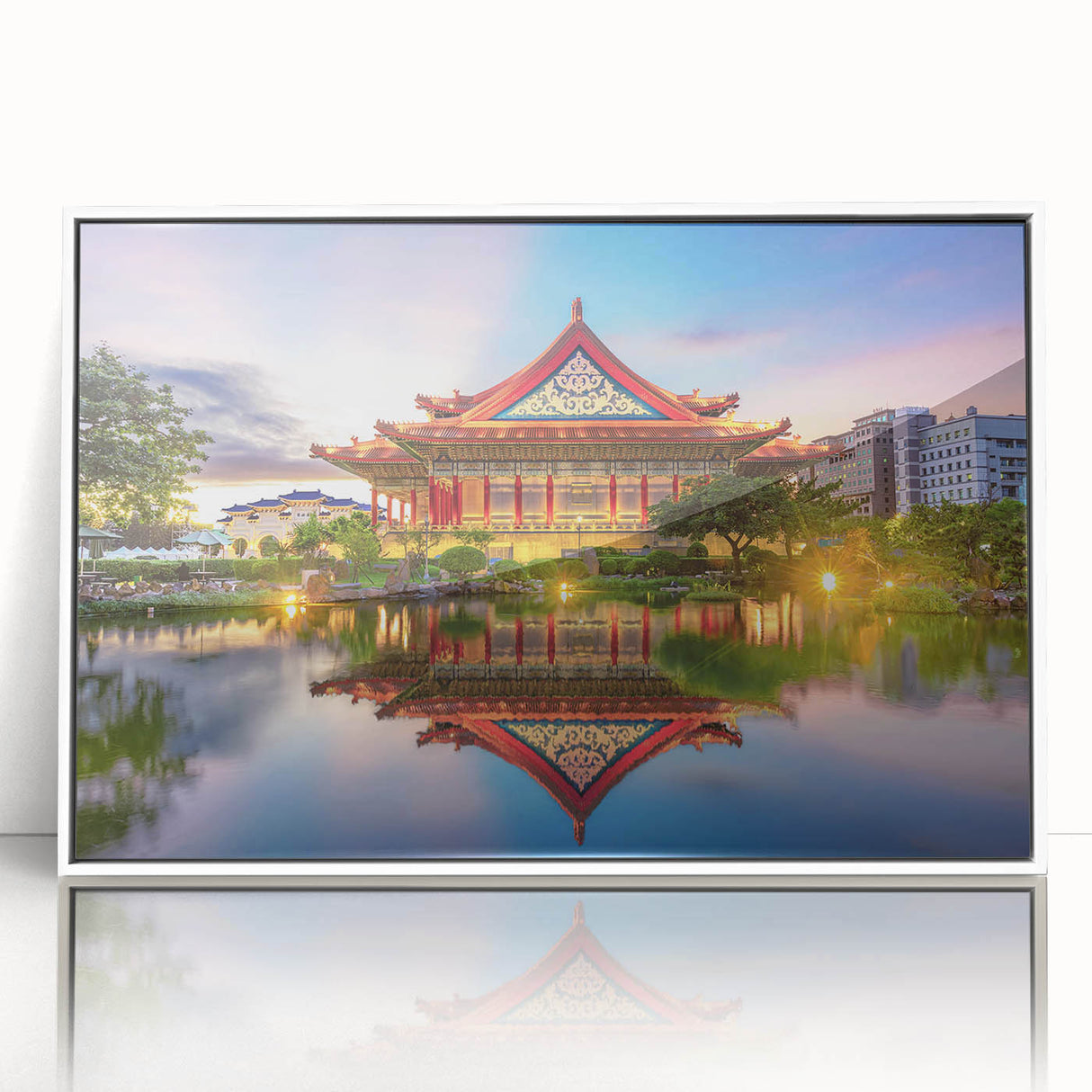 Acrylic print of a Taiwan landscape in art deco style with muted earth tones, ideal for modern art wall decor in a nursery.