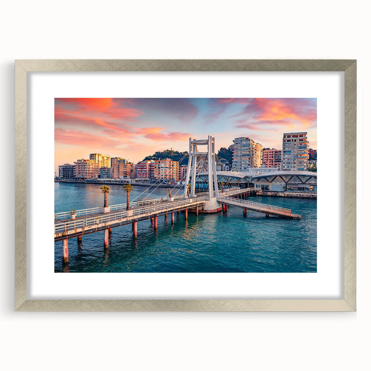 Extra large abstract art print featuring textured scenery of Albania in muted earth tones, framed in silver.