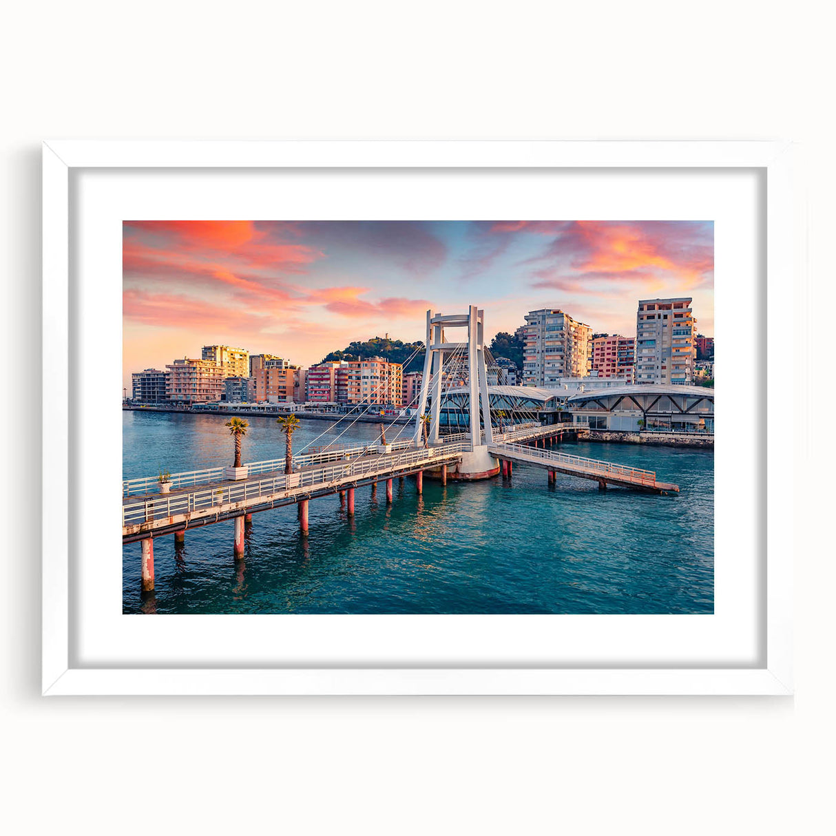 Textured abstract art print of a European scenery in muted earth tones on a white-framed mat, ideal for bedroom wall decor.