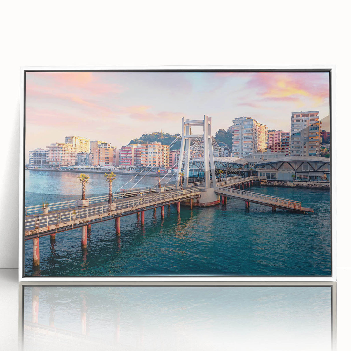 Mid-century modernist art depicting a European Albanian landscape in muted earth tones, framed in white acrylic.