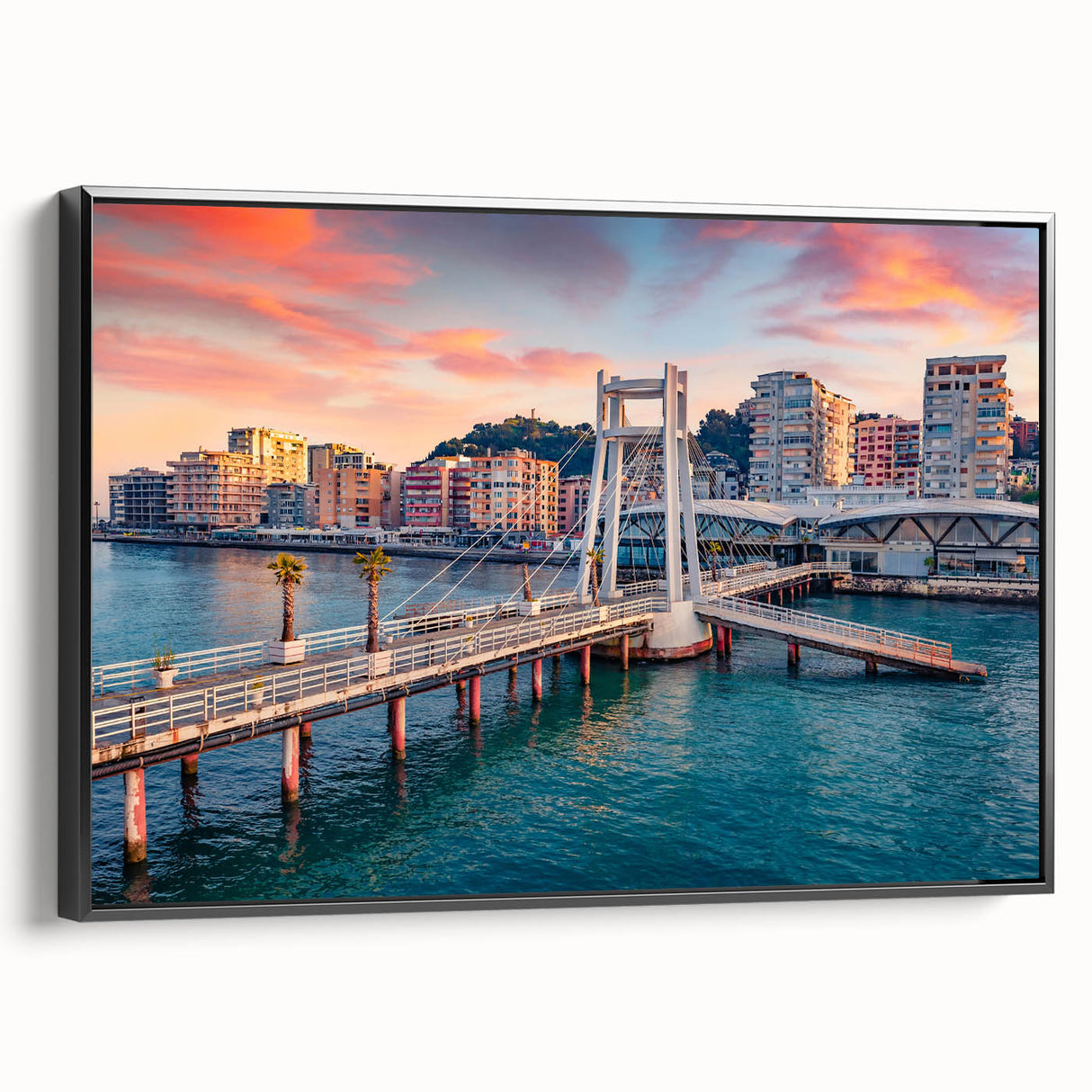 Framed canvas featuring a black and white vintage poster art of an Albanian landscape, ideal for bedroom wall decor.