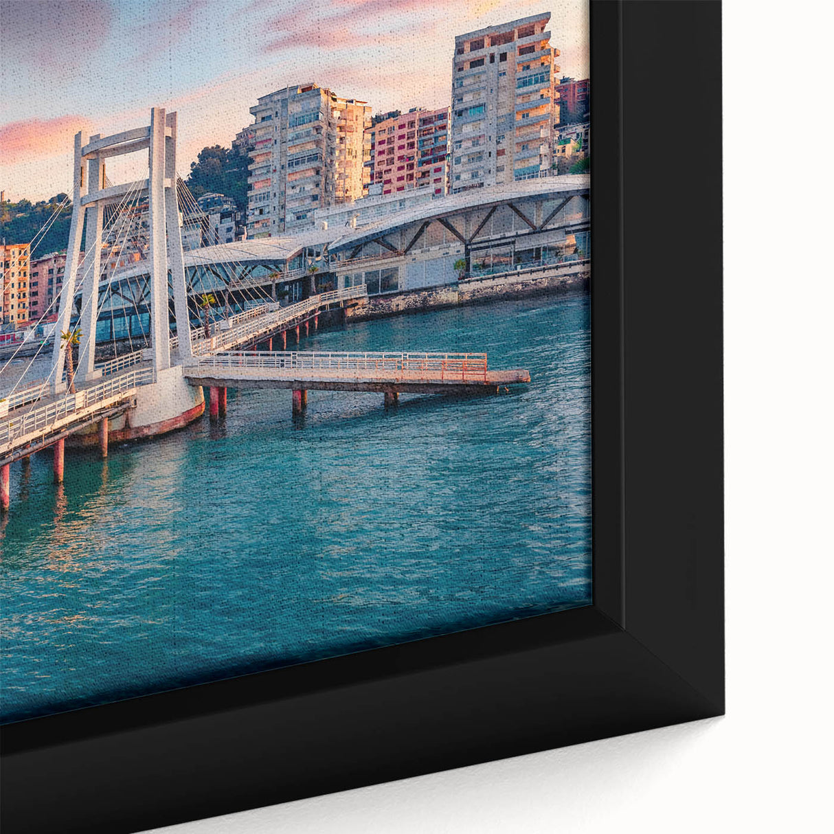 Extra large framed canvas featuring a textured, colorful European scenery in black, ideal for living room decor.