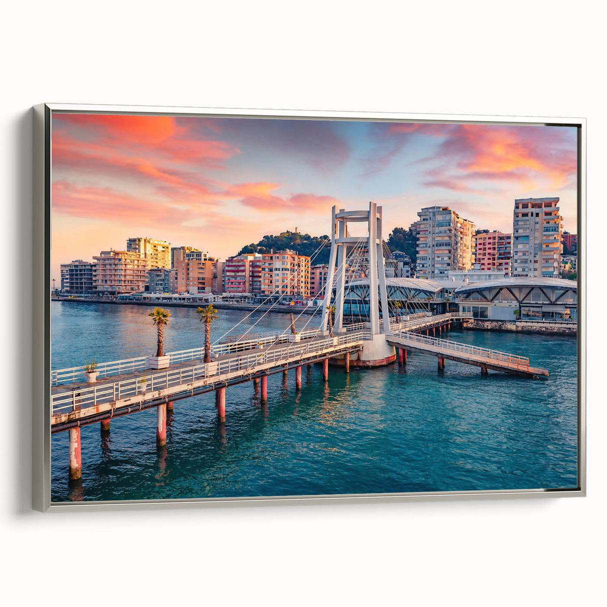 Landscape art painting of Albania’s scenery in vivid colors on a silver-framed canvas, ideal for living room decor.
