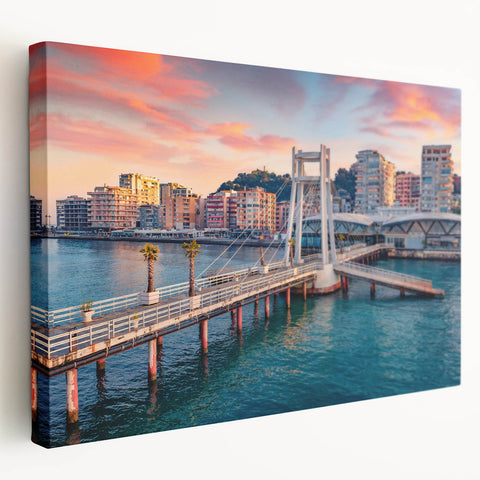 Large stretched canvas depicting a serene Albanian landscape in soft earth tones, suitable for kitchen wall art.