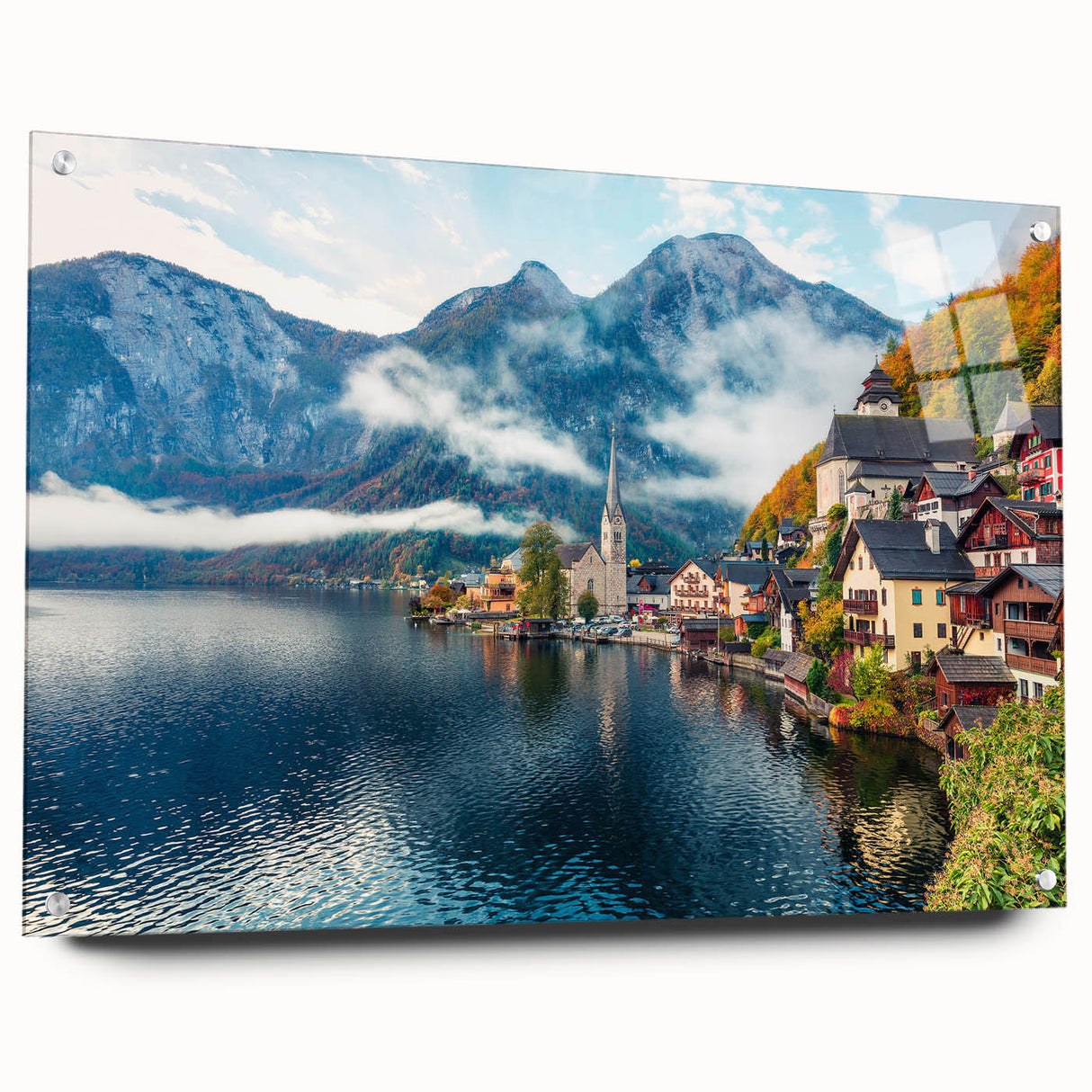 Large abstract wall art depicting a European scenery on acrylic glass, with muted earth tones, ideal for dining room decor.