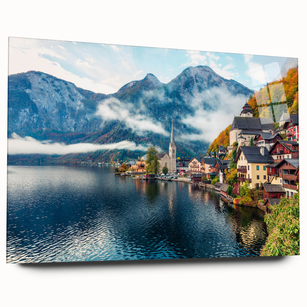 Large abstract depiction of an Austrian landscape in muted earth tones on acrylic glass.