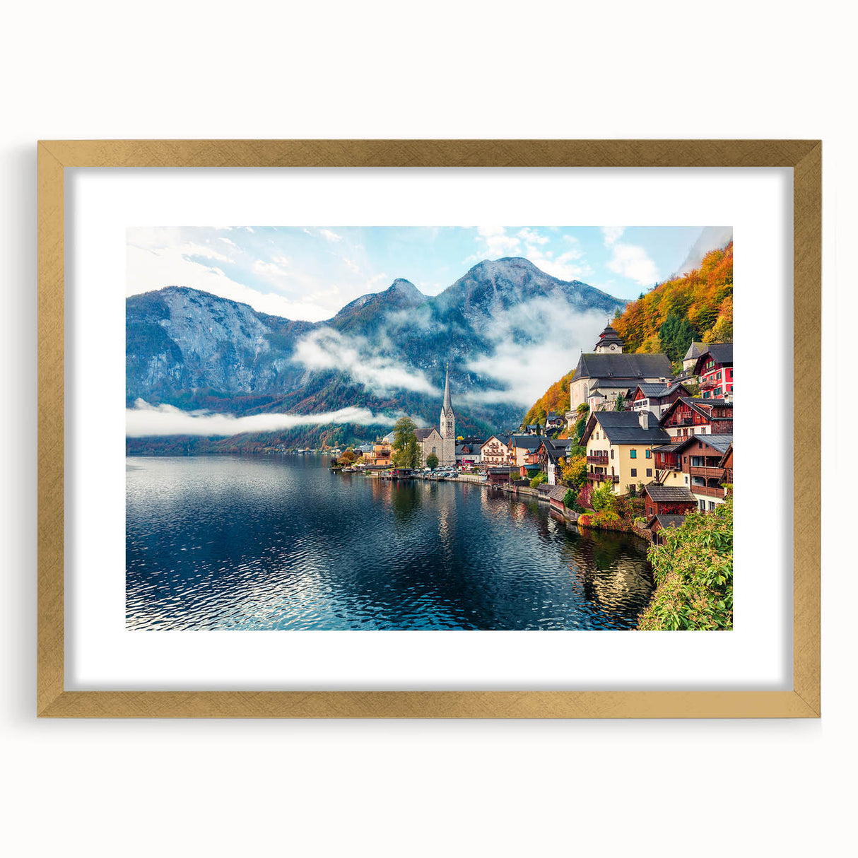 Abstract art print of a European scenery in muted earth tones, framed in gold, suitable for dining room decor.