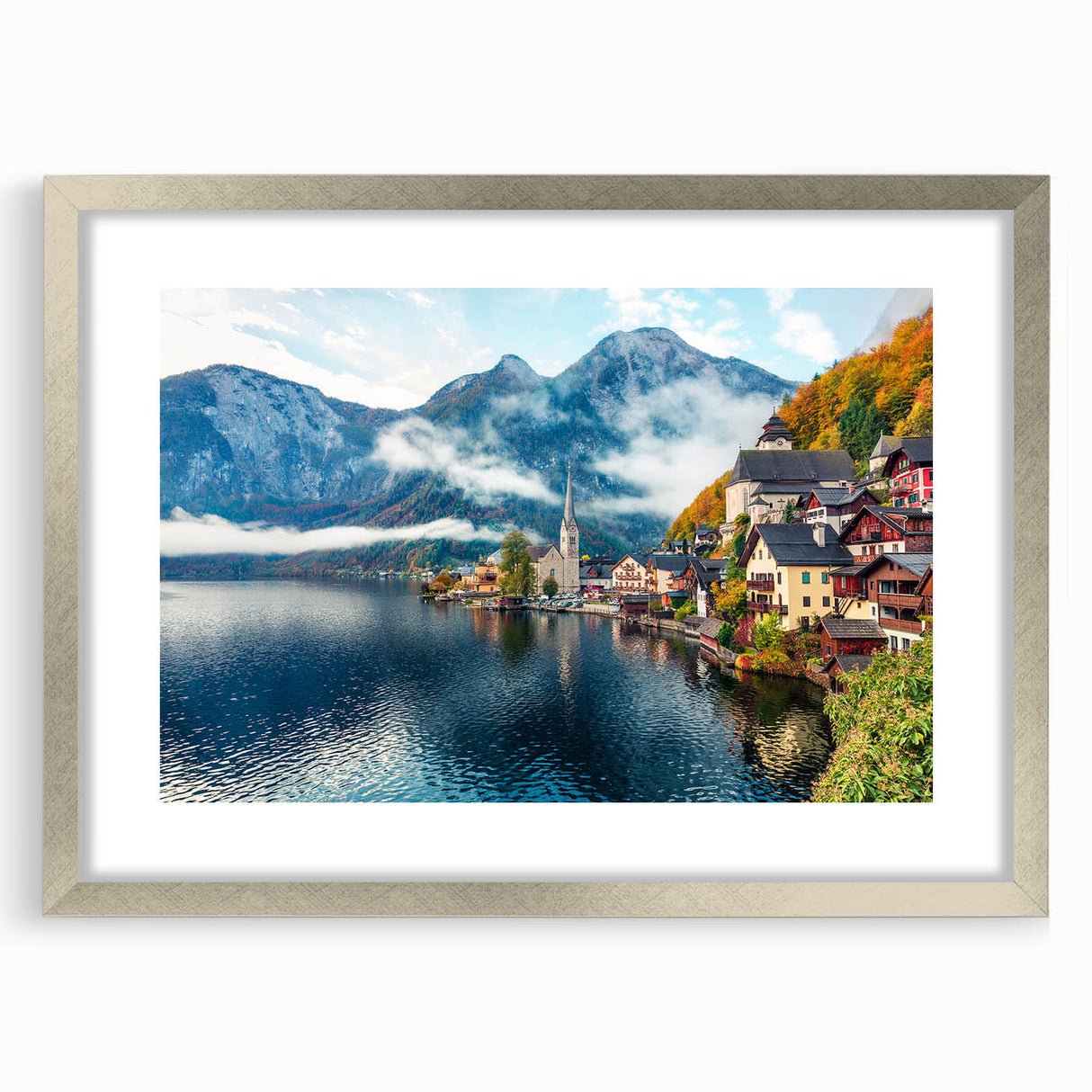 Abstract art print of a textured European scenery in muted earth tones, framed in silver, ideal for living room decor.