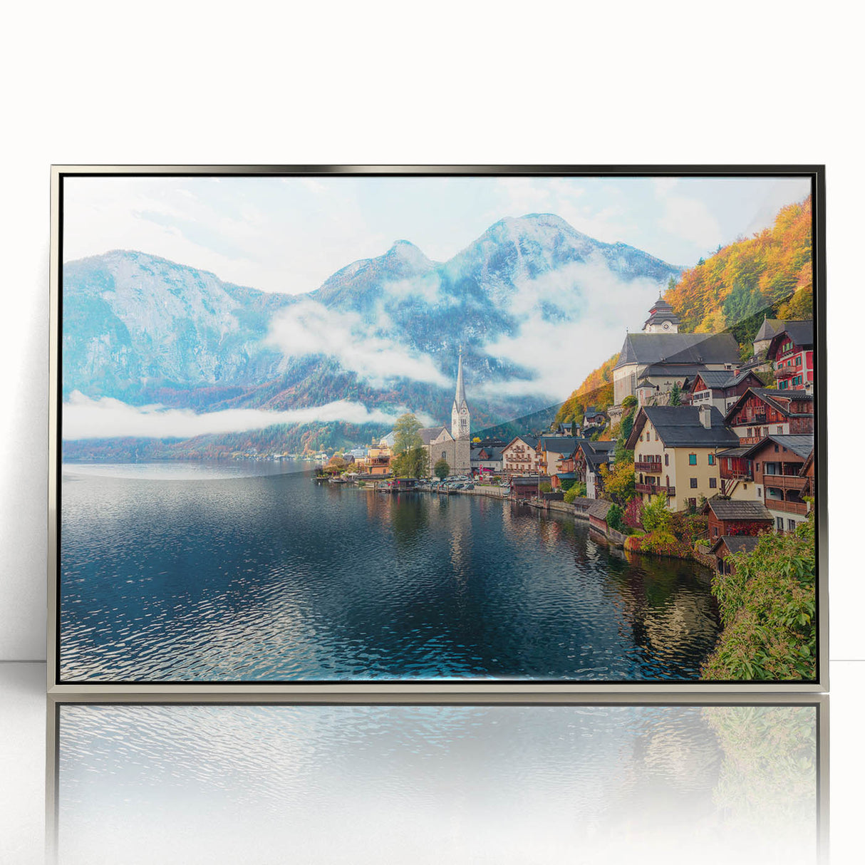 Art deco poster of a European scenery in Austria with muted earth tones on a silver-framed acrylic.