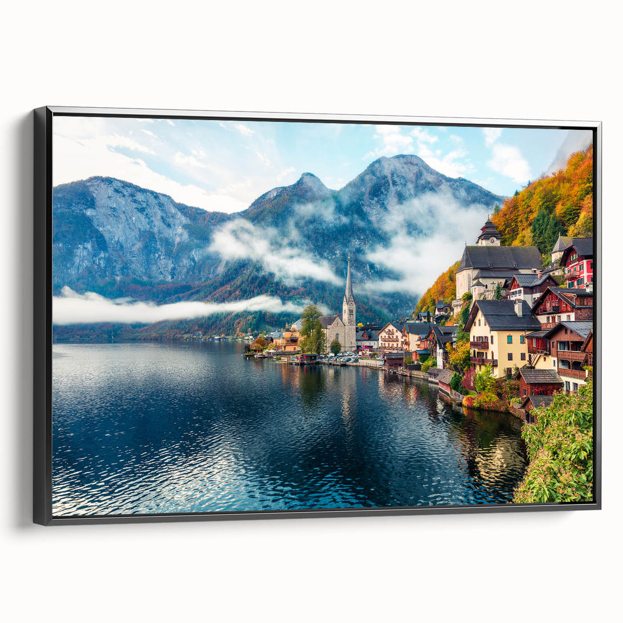 Black and white landscape art painting of Austrian scenery on framed canvas, suitable for bedroom decor.
