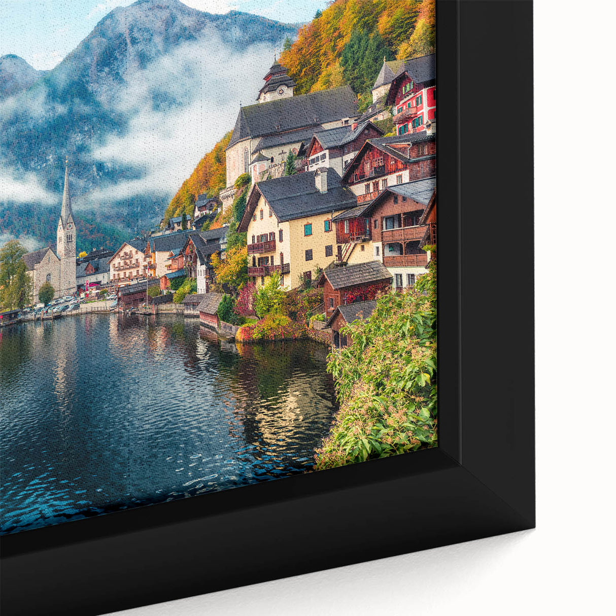 Extra large framed canvas featuring a textured depiction of a European scenery, predominantly in black with colorful accents.