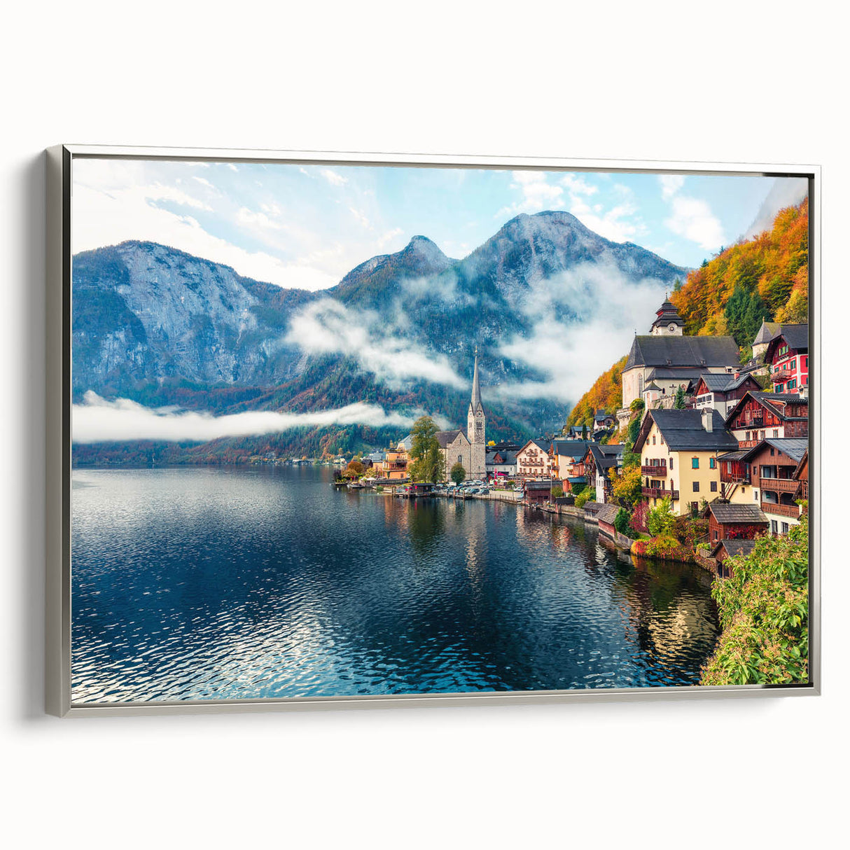 Framed canvas featuring a vintage-style landscape painting of an Austrian scenery in muted earth tones.