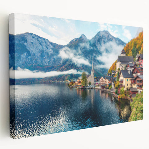 Large art print of a European scenery, featuring soft pastel colors on stretched canvas, suitable for kitchen wall art.